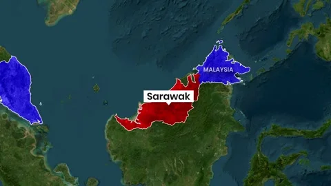 Animated map clip showing Sarawak highlighted in red within Malaysia Stock Footage 342594434