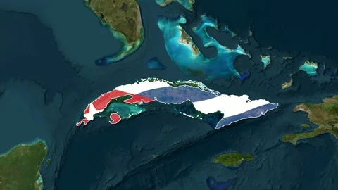 Animated map of Cuba with its flag overlayed over the Caribbean Sea Vídeos de archivo 335296742