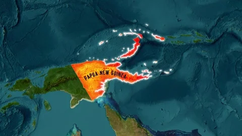Animated map footage highlighting the location of Papua New Guinea with the flag Stock Footage 345811374