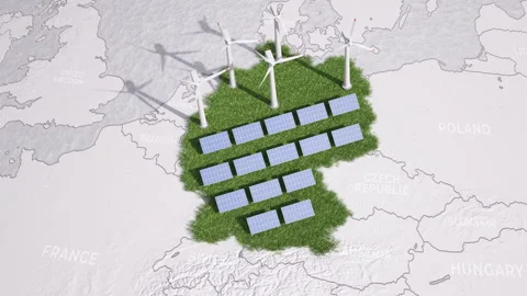 Animated map of Germany showing wind turbines and solar panels. Vídeos de archivo 336386544