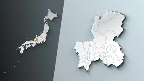 Animated Map of Gifu State Highlighted Within Japan with Prefectures Borders Stock Footage 343973192