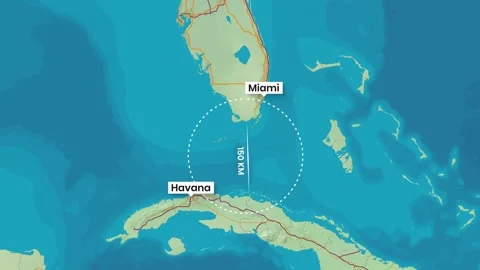 Animated map graphic showing distance between Miami and Havana clip Видео 341644707