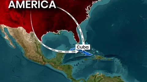 Animated map graphic showing the movement between America and Cuba Stock Footage 335645146