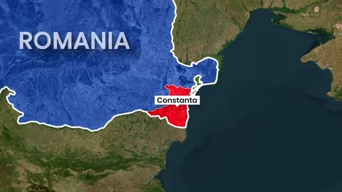Animated map graphic showing Romania and highlighted Constanta region video clip Vidéo 342103097