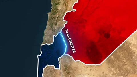 Animated map highlighting border distance between Syria and Israel footage Stock Footage 343737238