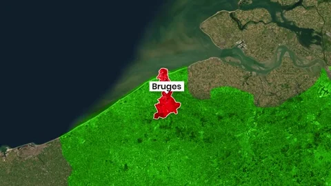 Animated map highlighting Bruges city with surrounding green borders video clip Stock Footage 342378750