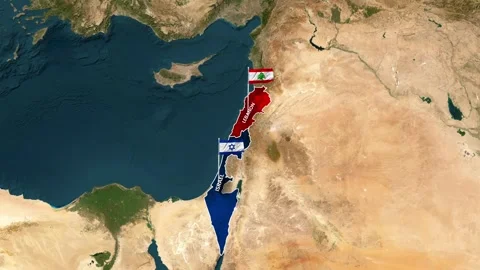 Animated map highlighting Lebanon and Israel borders with national flags Stock-Footage 334694541