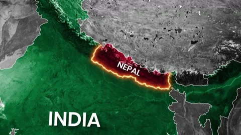 Animated map highlighting Nepal with a glowing red border over India Vídeos de archivo 334864063
