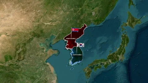 Animated map highlighting North and South Korea with waving flags Vídeos de archivo 334694533