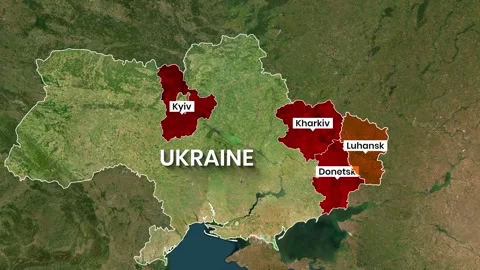 Animated map highlights key regions of Ukraine including Kyiv and Donbas Vídeos de archivo 334766931
