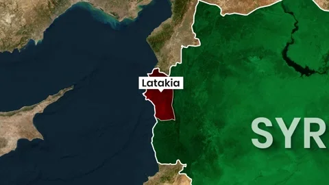 Animated map highlights Latakia region within Syria, satellite view video Stock Footage 342611337