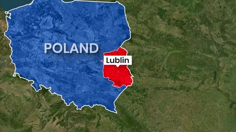 Animated map highlights Poland with a specific focus on the Lublin region Stock Footage 342012286