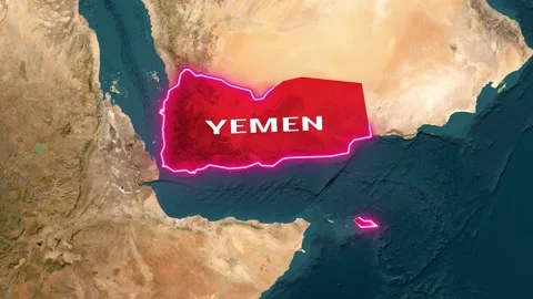 An animated map highlights Yemen in red with glowing outline and flag Stock-Footage 342594206