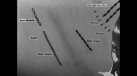 Animated map indicating the movements of the British and German fleet Stock Footage