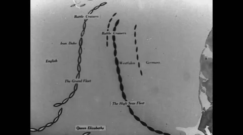 Animated map indicating the movements of the British and German fleet Stock Footage