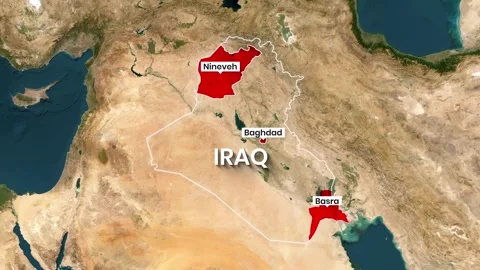 Animated map of Iraq highlighting Baghdad, Nineveh, and Basra provinces Stock Footage 334832360
