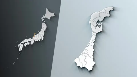 Animated Map of Ishikawa State Highlighted Within Japan with Prefectures Borders Stock Footage 343973267