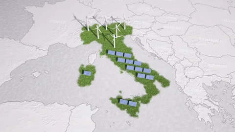 Animated map of Italy showing wind turbines and solar panels. Vídeos de archivo 336385989