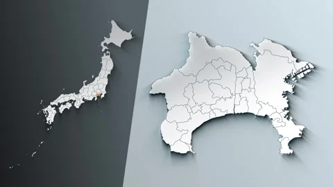 Animated Map of Kanagawa State Highlighted Within Japan with Prefectures Borders Stock Footage 343973315