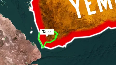 Animated map motion showing the country of Yemen highlighting Taizz location Stock Footage 346269482