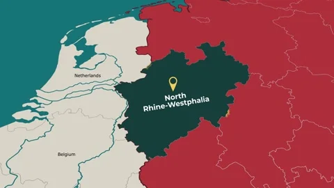 Animated map of North Rhine-Westphalia, Germany, highlighting the state Stock Footage 345704242