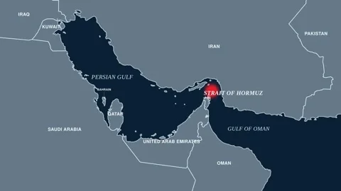 Animated map of Persian Gulf with glowing red dot on Strait of Hormuz Stock Footage 343721308