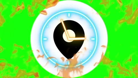 Animated map pin clocks on green background with leaves Video stock 337534064
