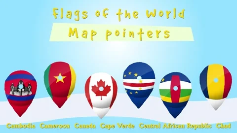 Animated map pointers with country flags Stock Footage 302807547