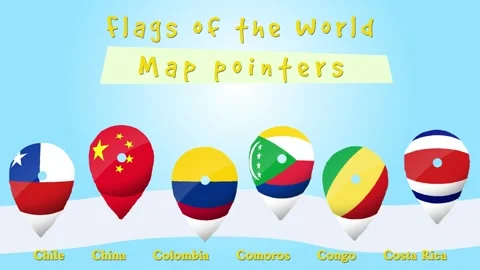 Animated map pointers with country flags Stock Footage 306044926