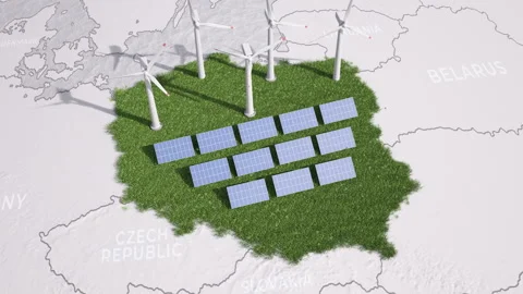 Animated map of Poland showing wind turbines and solar panels. Vídeos de archivo 336376396