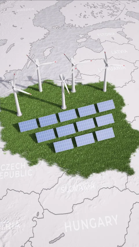Animated map of the Poland with solar panels and windmills. Vídeos de archivo 336376850