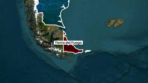 Animated map revealing the Tierra del Fuego coastline and South Atlantic Stock Footage 341729984