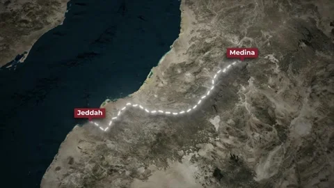 Animated Map Route Car Journey from Jeddah to Medina on Satellite Background Stock Footage 341881629