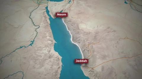 Animated Map Route from Jeddah to Neom on Topographical Background Stock Footage 341968997