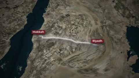 Animated Map Route from Riyadh to Makkah with Blue Car on Satellite Background Stock Footage 341871614