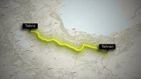 Animated Map Route from Tehran to Tabriz Iran with Car Icon on World Map Stock Footage 329317468