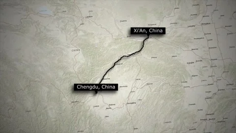 Animated Map Route from Xi'An to Chengdu China on World Map Stock Footage 325101340