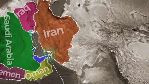 Animated map showcasing Middle East geography highlighting strategic Strait.. Видео 346631572
