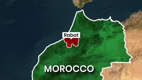 Animated map showcasing Morocco with capital Rabat highlighted in motion Stock Footage 343115049