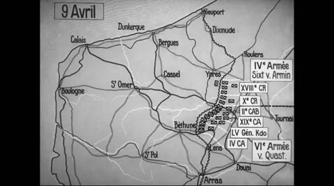 Animated map showing German offensive movement centred around Ypres Stock Footage 43324669