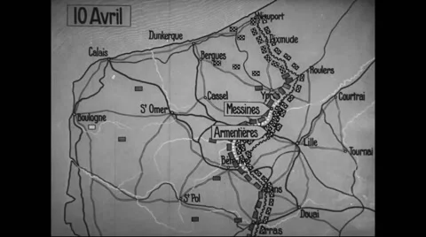 Animated map showing German offensive movement centred around Ypres Stock Footage