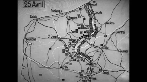 Animated map showing halting of German advance short of its goal at Calais Stock Footage 43332598