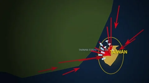 Animated map showing Taiwan Strait, 180 kilometers between China and Taiwan.. Stock Footage 337386346