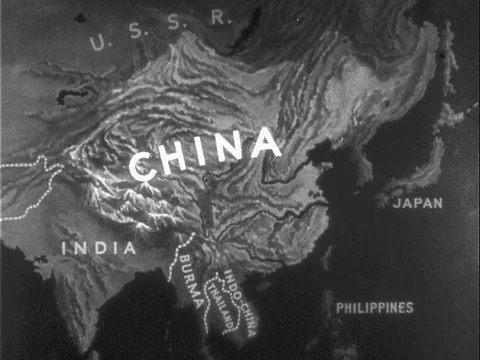 An animated map shows areas of China, including Manchuria, Sinkiang and Stock Footage 79468463