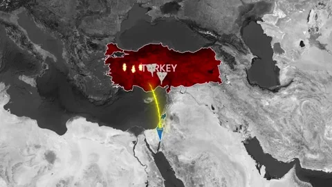 Animated map shows conflict escalation between Turkey and Israel Stock Footage 343487288