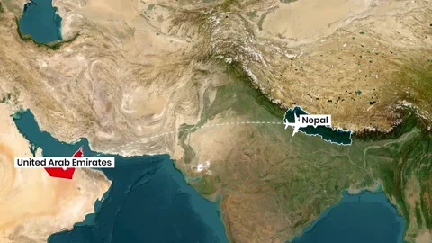 An animated map shows the flight path from the United Arab Emirates to Nepal Stock Footage 335089207
