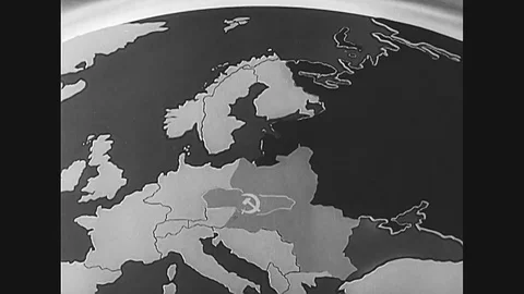 An animated map shows the spread of Communism and a parade in Bulgaria 스톡 동영상 115371716