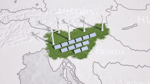 Animated map of Slovenia showing wind turbines and solar panels. Vídeos de archivo 336346573