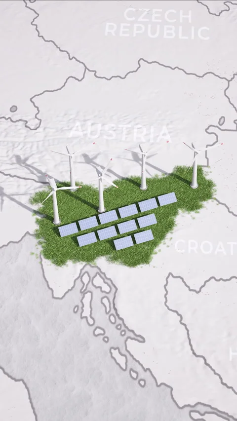 Animated map of the Slovenia with solar panels and windmills. Vídeos de archivo 336376808