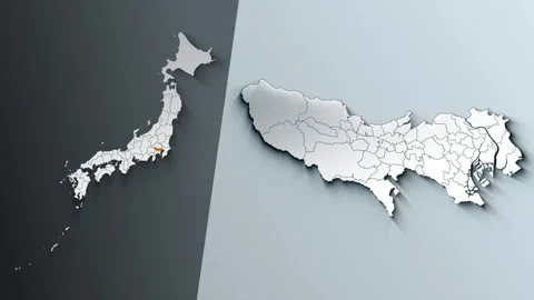 Animated Map of Tokyo State Highlighted Within Japan with Prefectures Borders Stock Footage 343973639